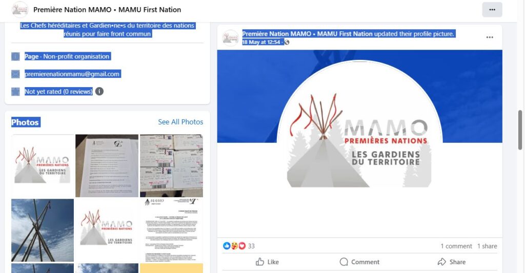 Capture d’écran de la page Facebook officielle de la Première Nation MAMO, représentant leur présence publique en ligne et leur mobilisation autour des territoires autochtones.